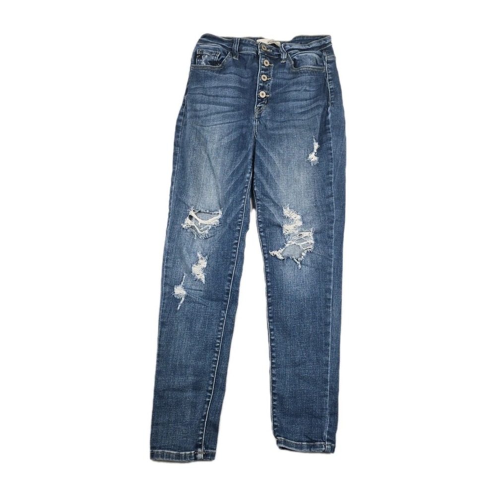 Kanca Womens High Rise Button Fly Distressed Skinny Jeans Blue Size 29